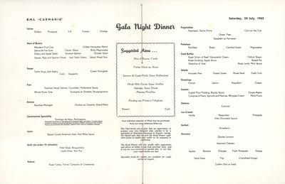 Menu du dîner de gala du 24 juillet 1965